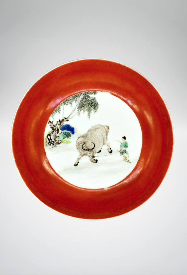 Coral Red-Ground Enamelled ‘Buffalo Catching’ Dish - Image 2