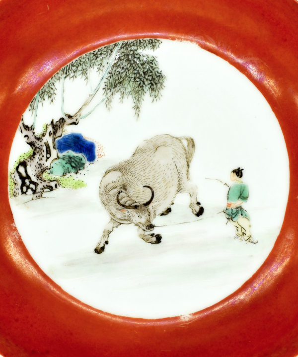 Coral Red-Ground Enamelled ‘Buffalo Catching’ Dish