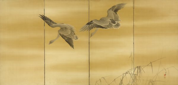 Imao Keinen: Four-Panel Screen Of Two Flying Geese