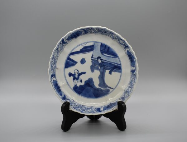 Kangxi Blue and White Mother and Boy Dancing Dish