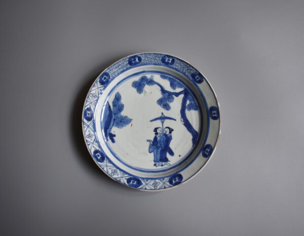 Blue and White Tianqi Dish of Figures with Umbrella