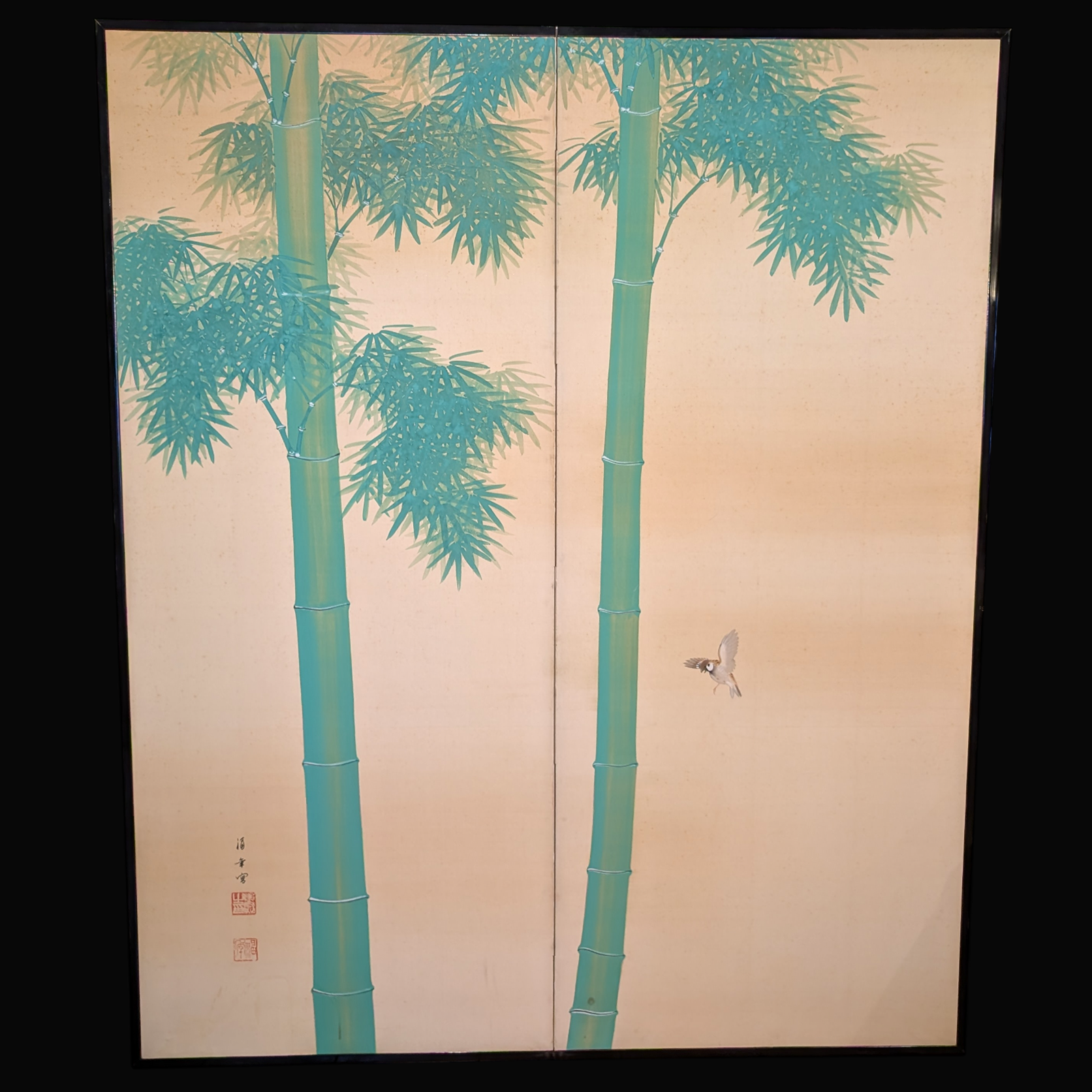 Two-Panel Sparrow and Bamboo Screens (Pair) - Image 2