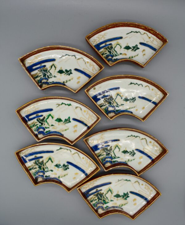 Arita Polychrome Red Landscape Fan Shaped Dishes