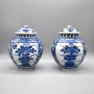 Pair of Blue and White Arita Vases & Covers