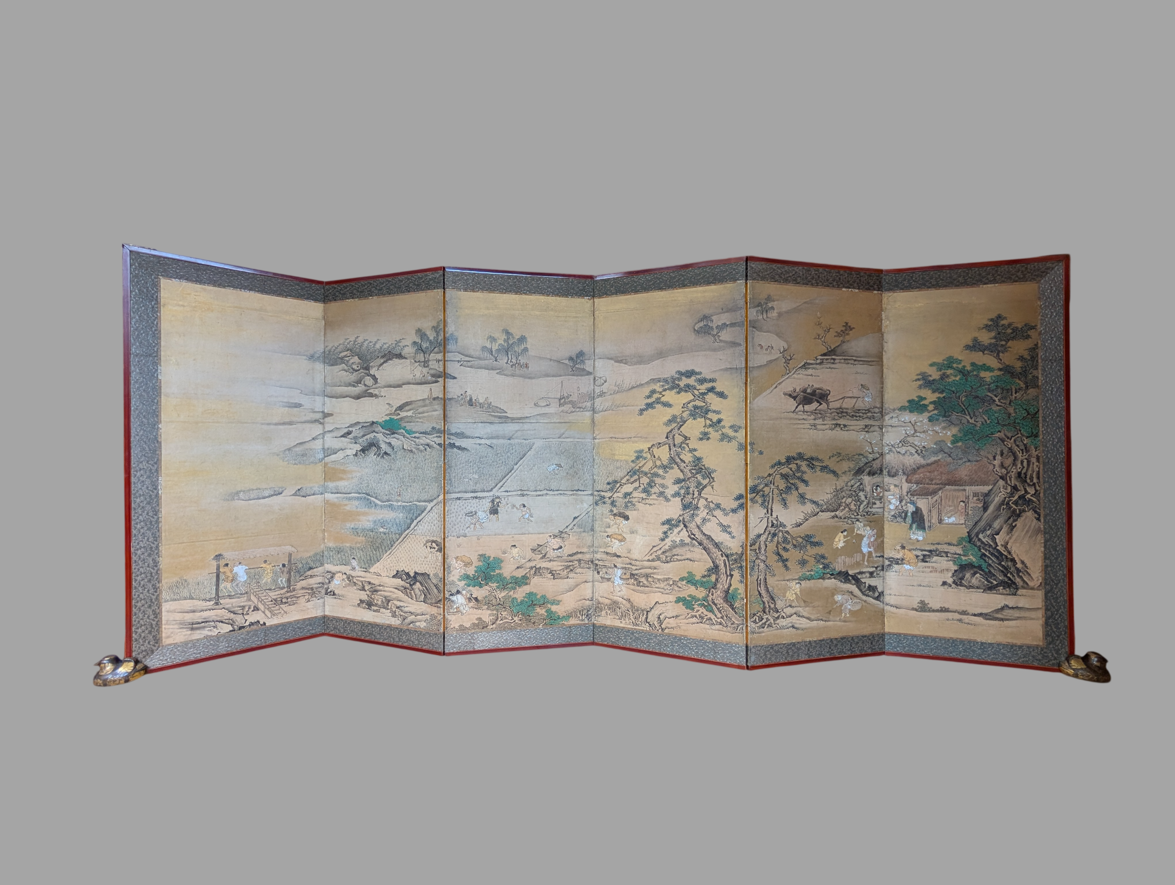 Kano School Six-Panel Rice Farming Screen
